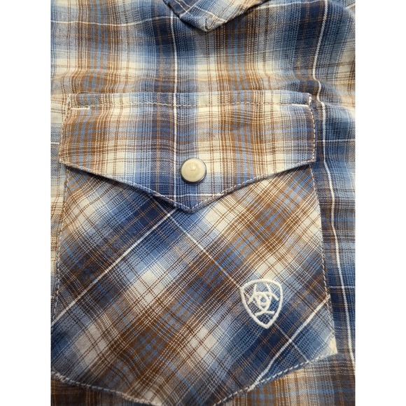 Ariat Retro Fit Men's Medium Short Sleeve Brown Plaid Pearl Snaps Western Casual - Picture 7 of 9